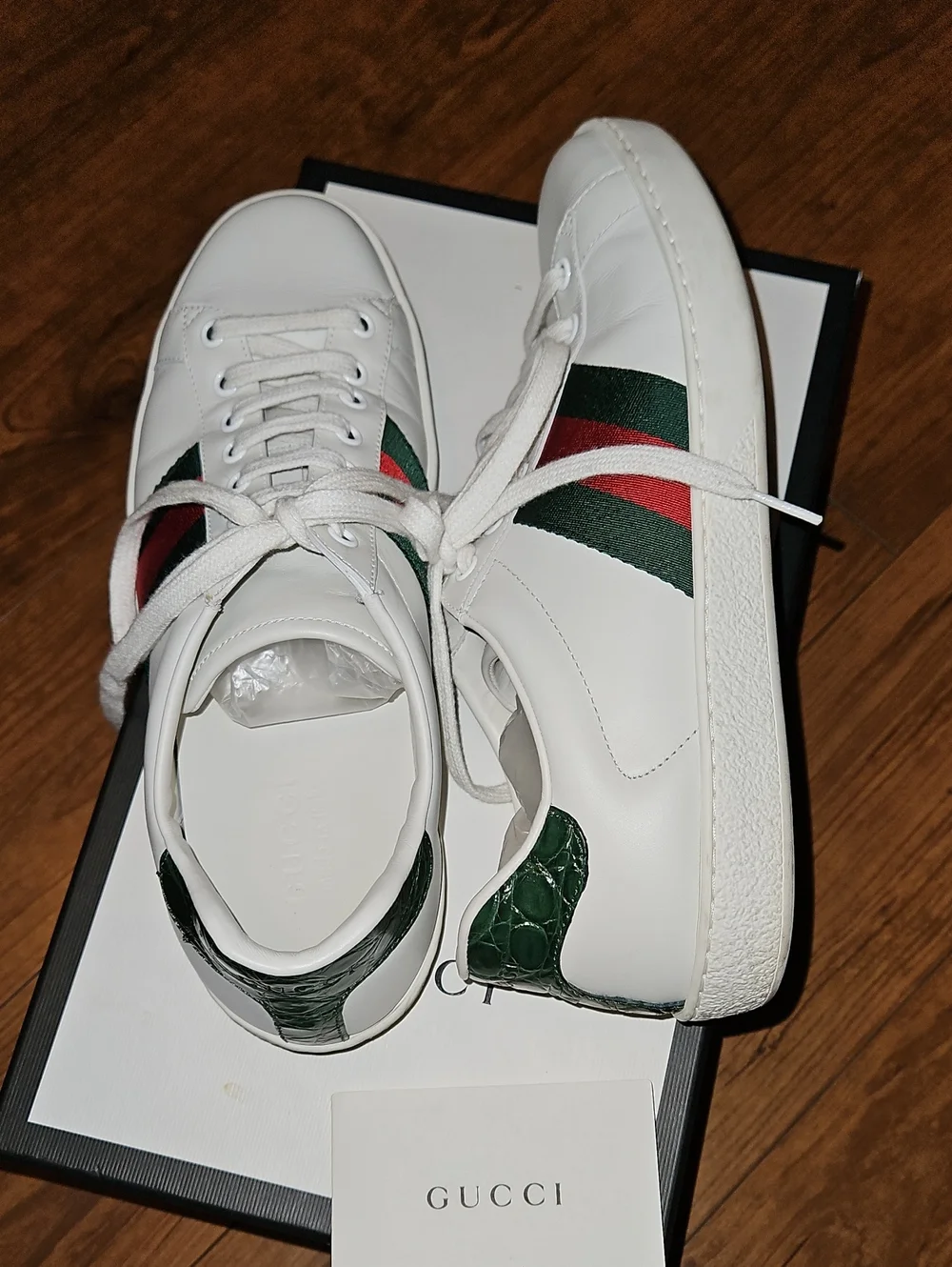 Gucci Ace White Leather Sneakers with Green & Red Web Stripe